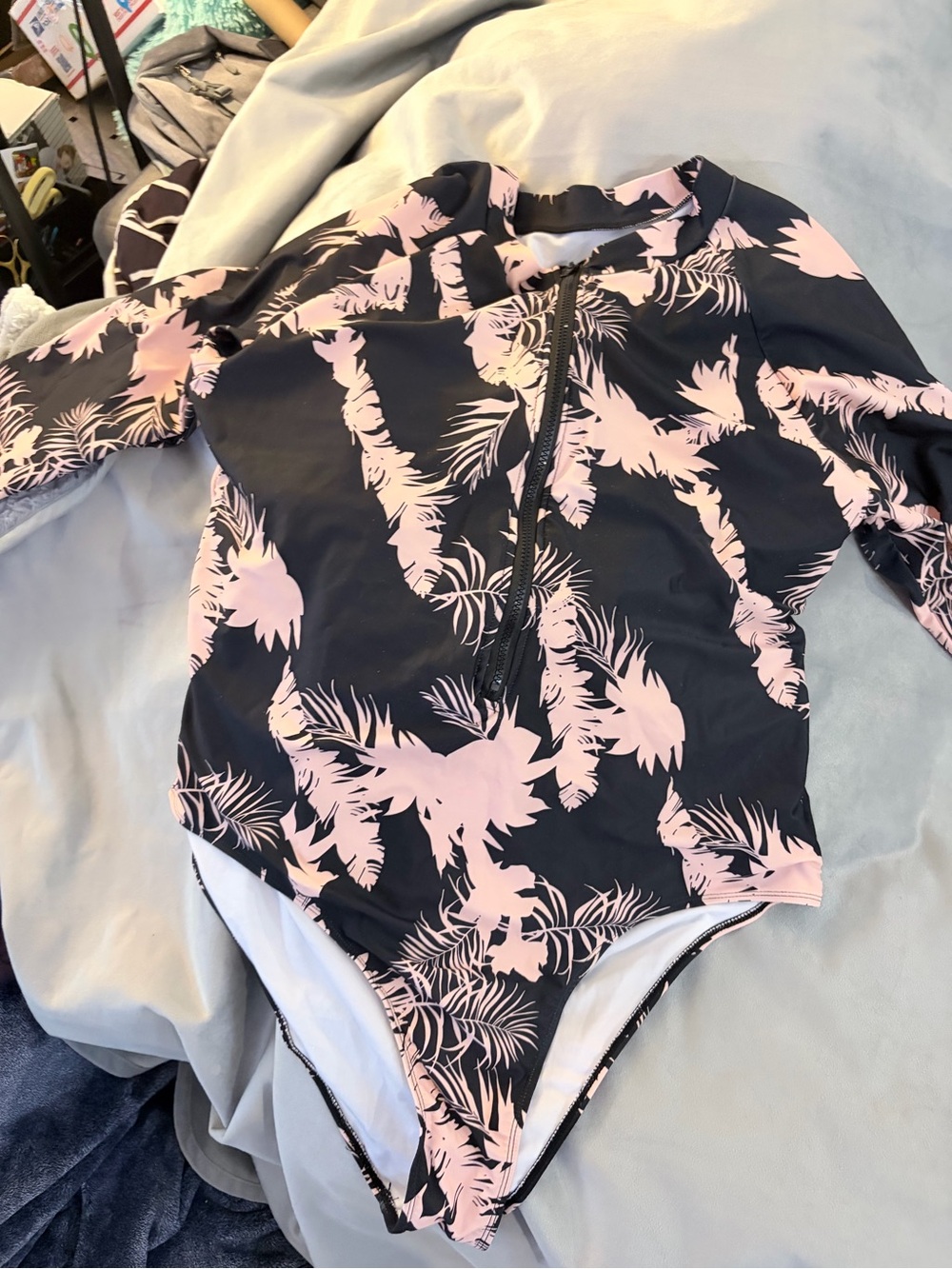 Woman’s Black & Pink Floral Long-Sleeve One-Piece Swimsuit